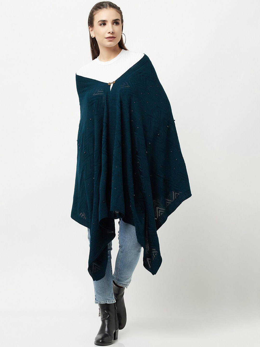 

Knitstudio Women Teal Blue Geometric Knitted Shawl