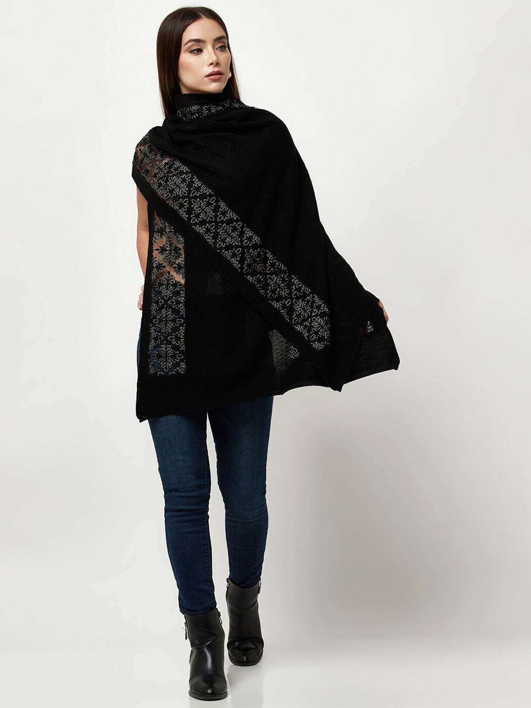 

Knitstudio Women Black Floral Knitted Shawl
