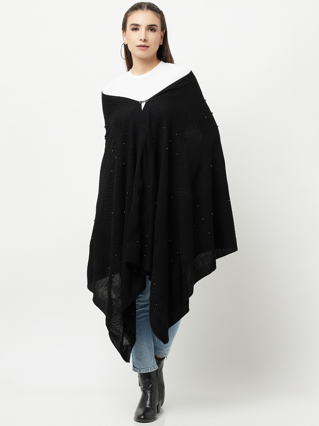 

Knitstudio Women Black Self Design Knitted Shawl