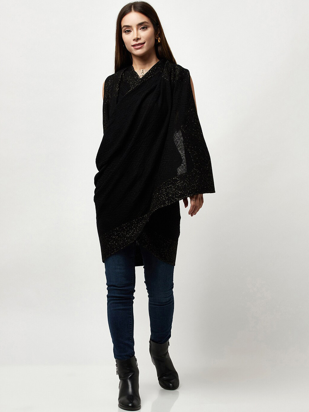 

Knitstudio Women Black Solid Knitted Shawl