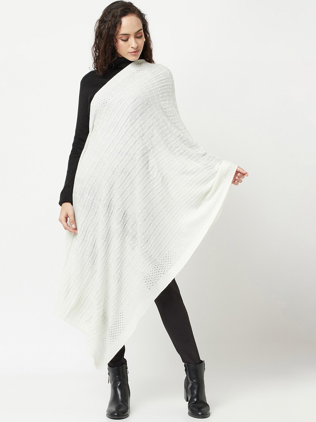 

Knitstudio Women Off White Solid Knitted Shawl
