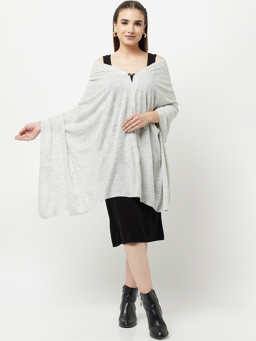 

Knitstudio Women Grey Solid Knitted Shawl