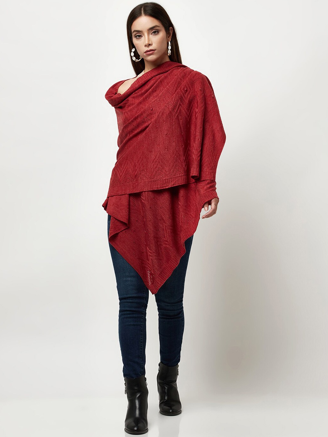 

Knitstudio Women Red Solid Knitted Shawl