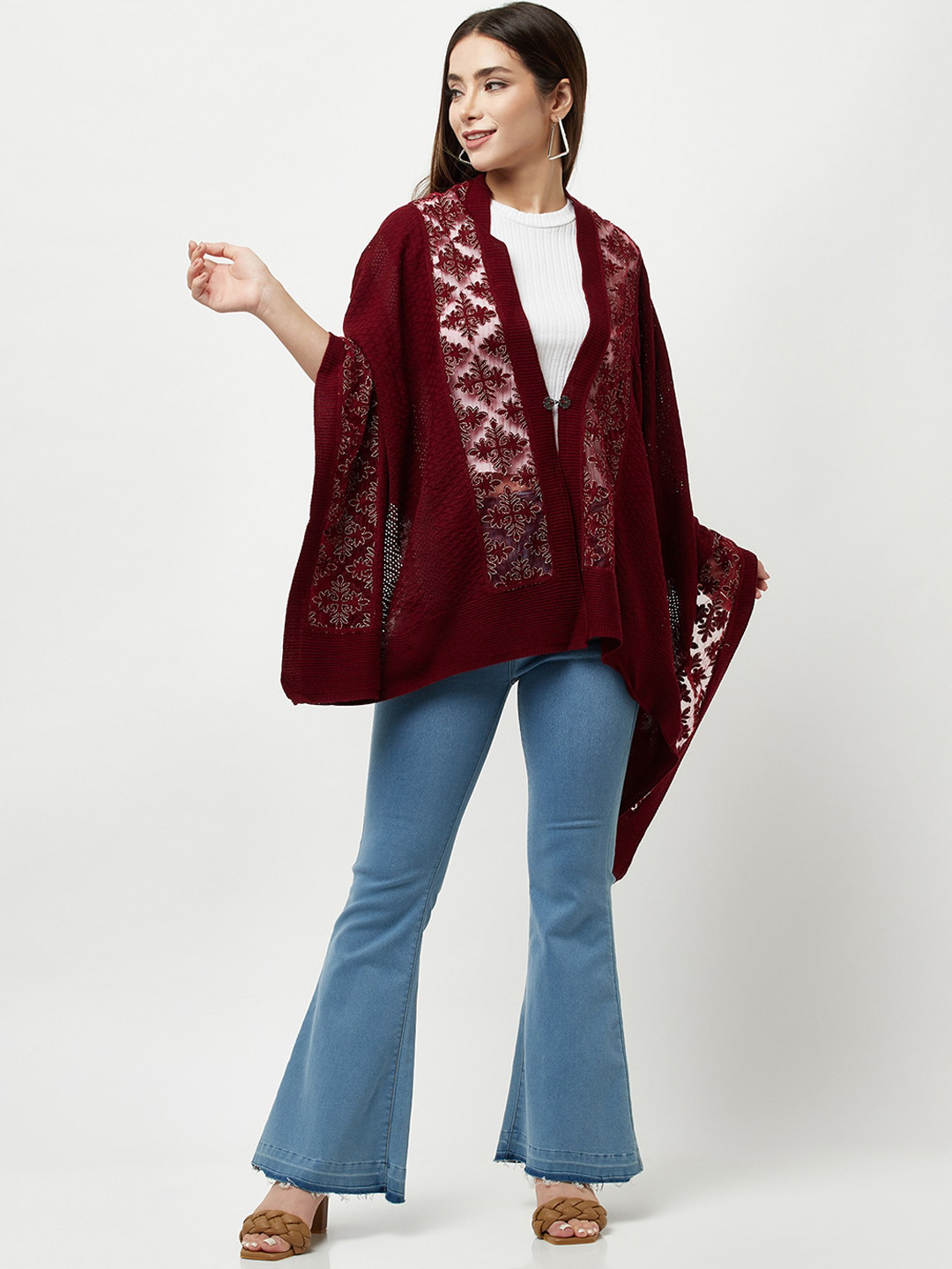 

Knitstudio Women Maroon Floral Knitted Shawl