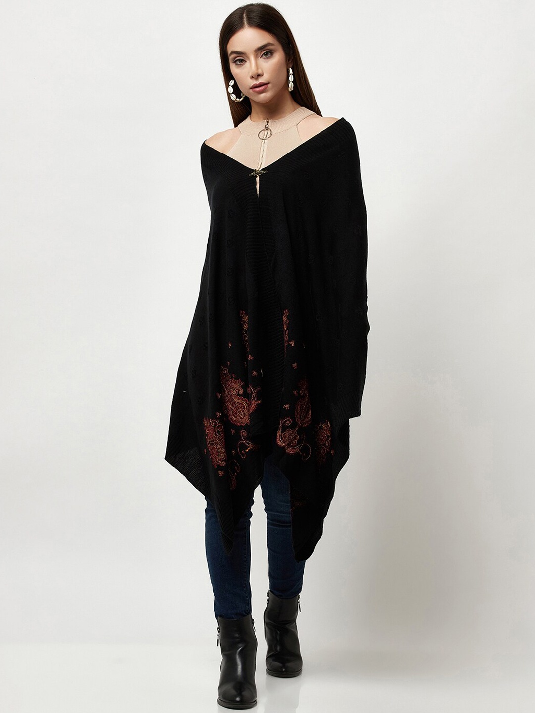 

Knitstudio Women Black Floral Knitted Shawl
