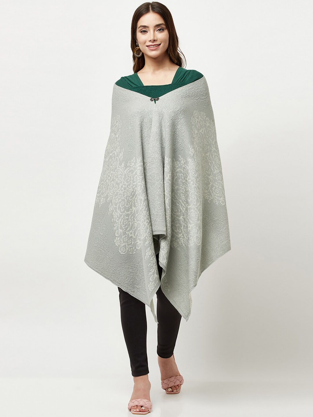 

Knitstudio Women Sea Green Floral Knitted Shawl