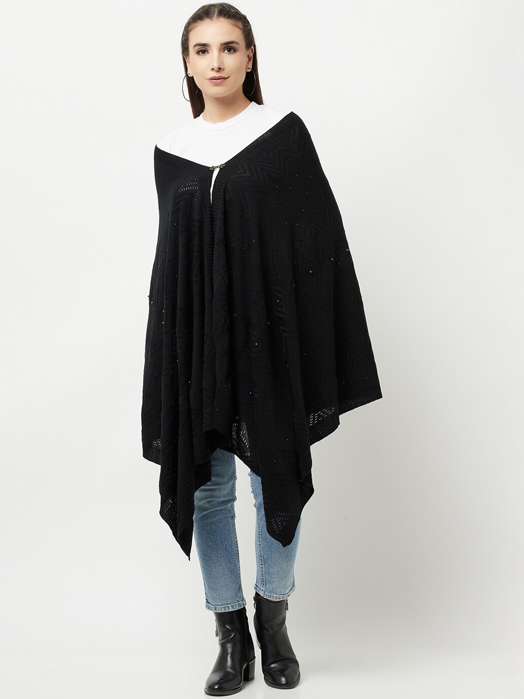 

Knitstudio Women Black Solid Knitted Shawl
