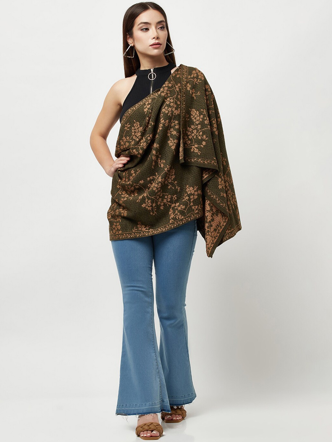 

Knitstudio Women Olive Green Floral Knitted Shawl