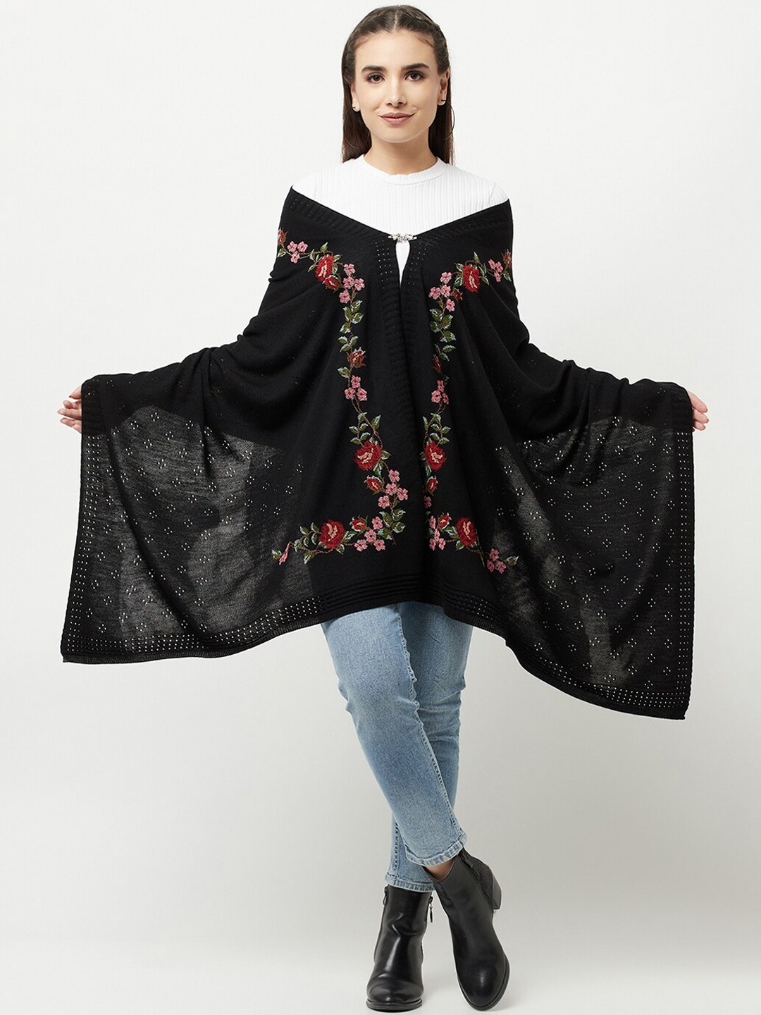

Knitstudio Women Black Floral Design Knitted Shawl