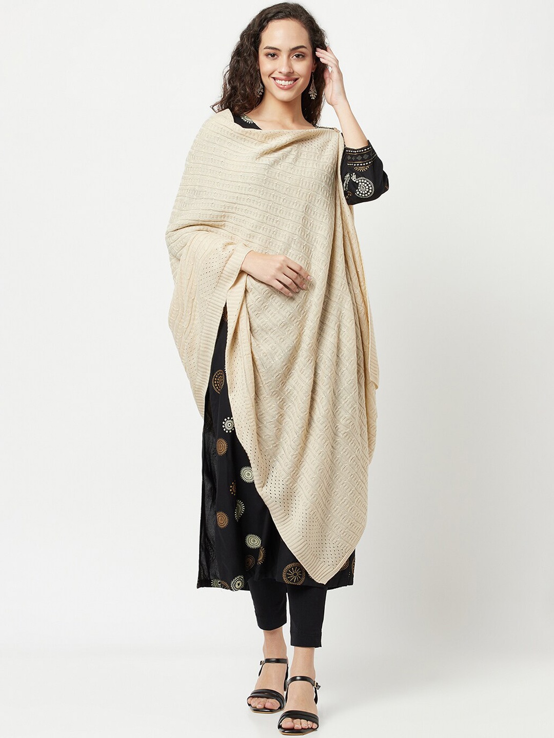 

Knitstudio Women Beige Solid Knitted Shawl