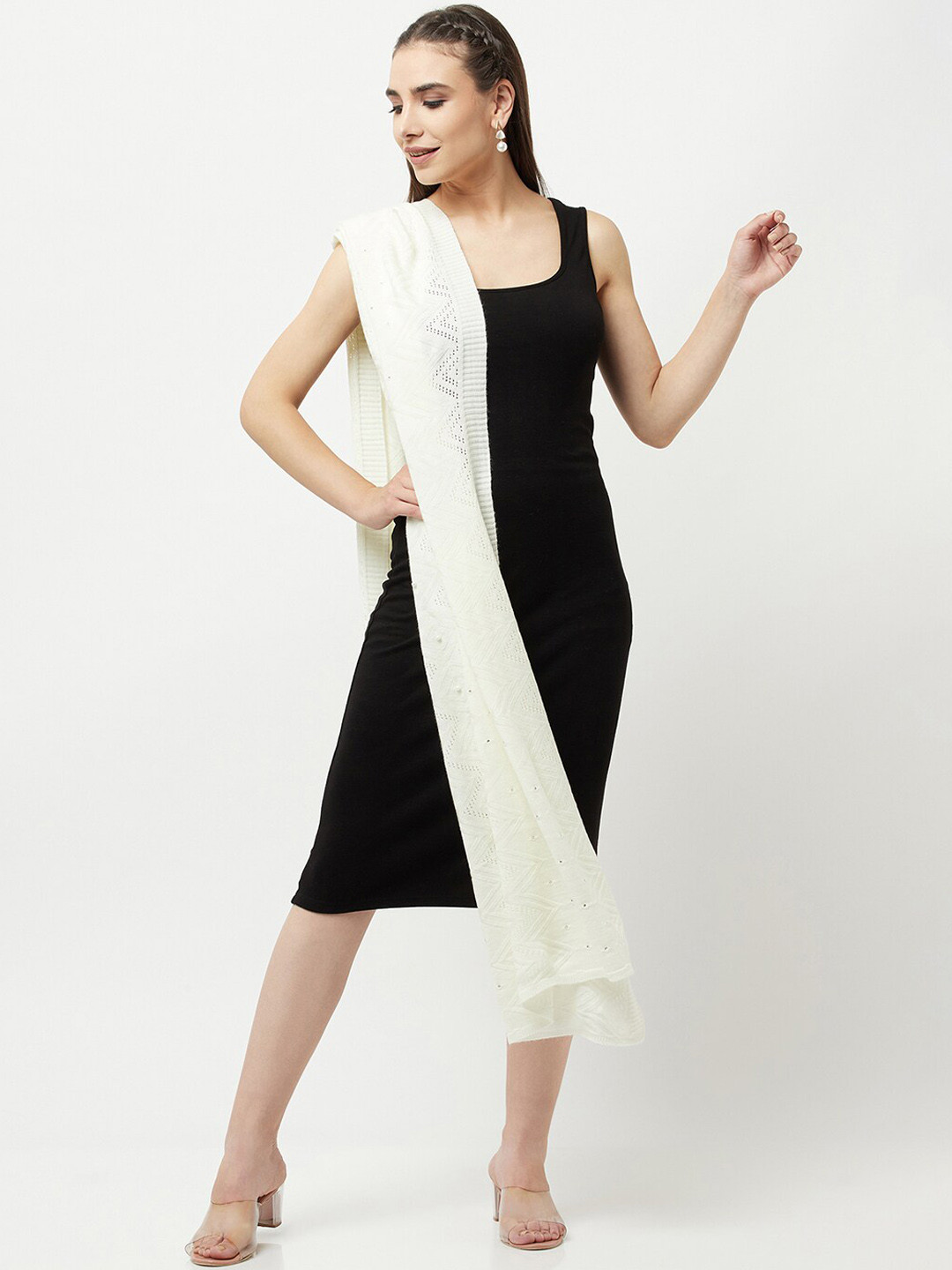 

Knitstudio Women Off White Solid Knitted Shawl