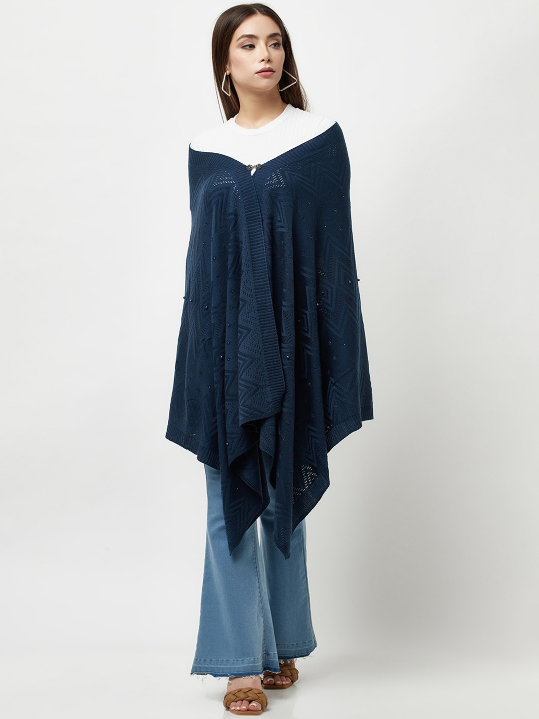 

Knitstudio Women Teal Blue Solid Knitted Shawl