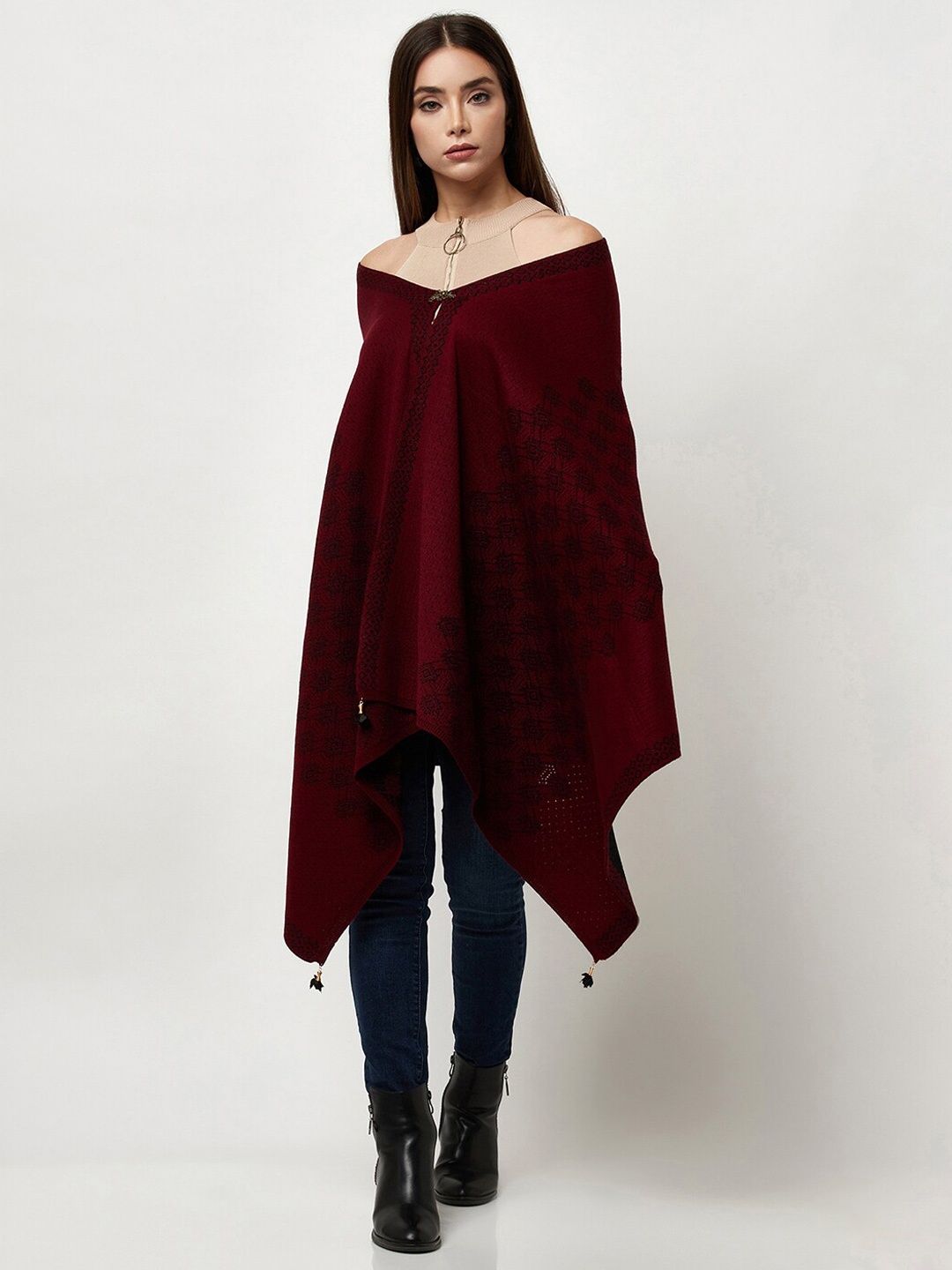 

Knitstudio Women Maroon Paisley Knitted Shawl
