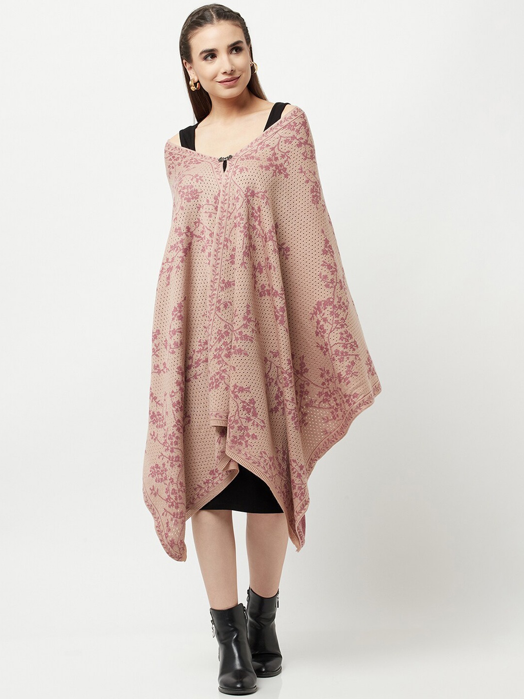 

Knitstudio Women Rose Pink Floral Design Knitted Shawl