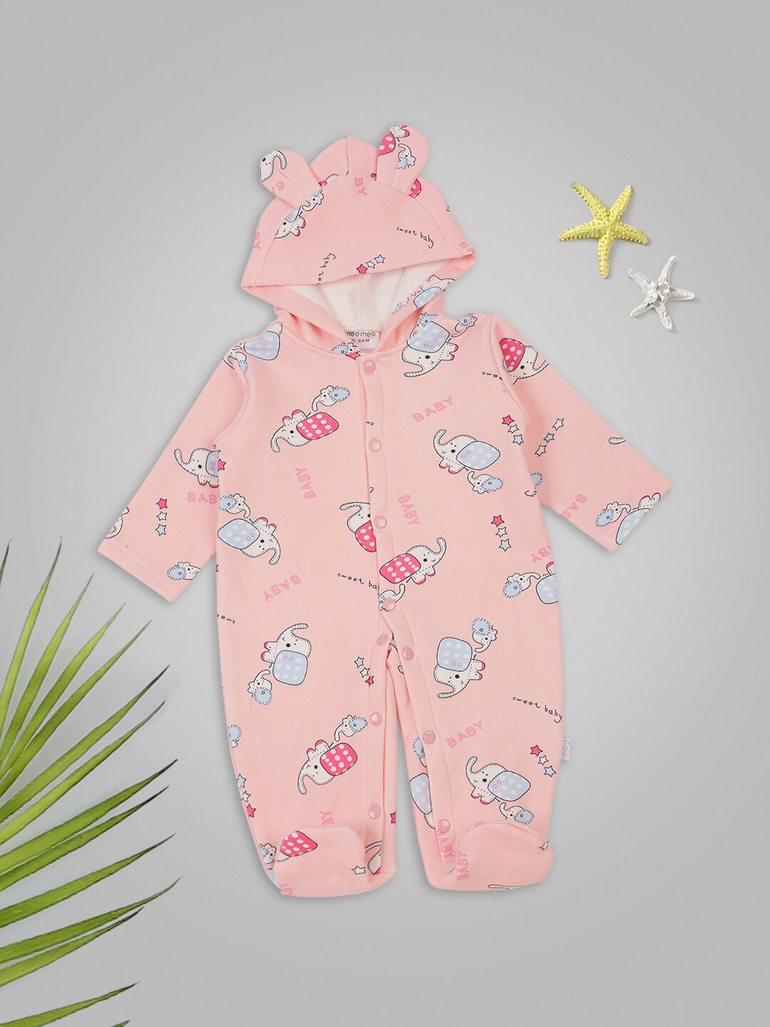 

MeeMee Infant Pink Printed Cotton Rompers