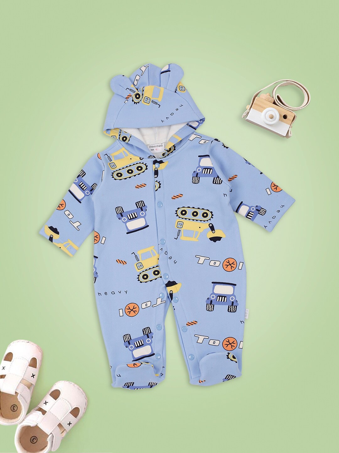

MeeMee Infant Blue Printed Cotton Rompers