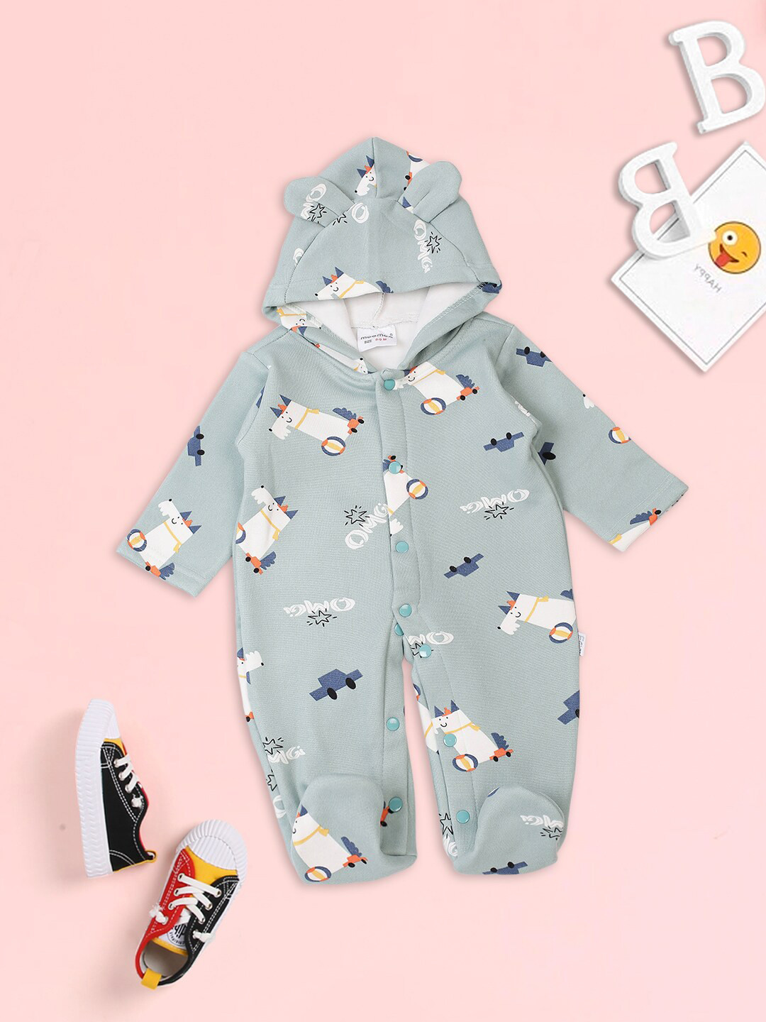 

MeeMee Infant Green Printed Cotton Rompers