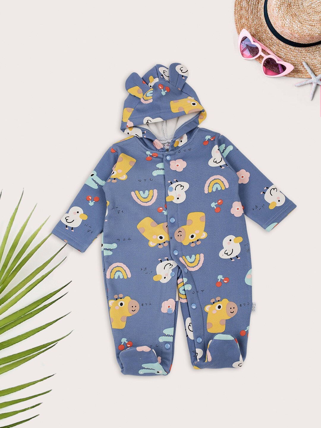 

MeeMee Infant Blue Printed Cotton Rompers