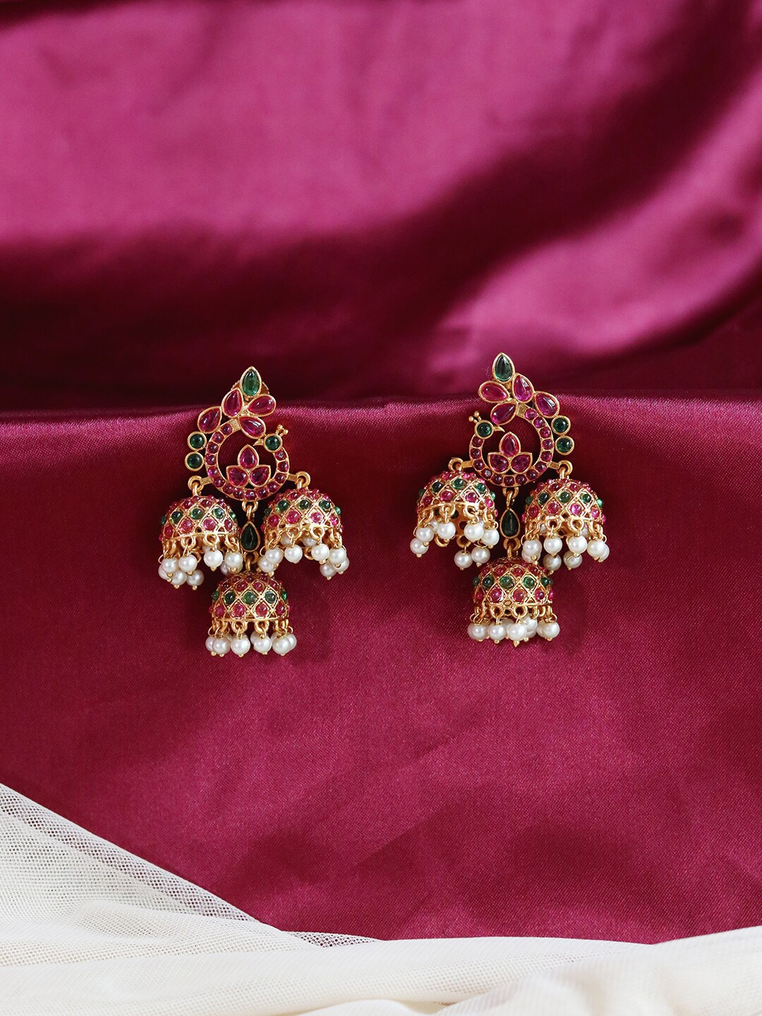 

Ishhaara Gold-Toned & Pink Dome Shaped Jhumkas Earrings