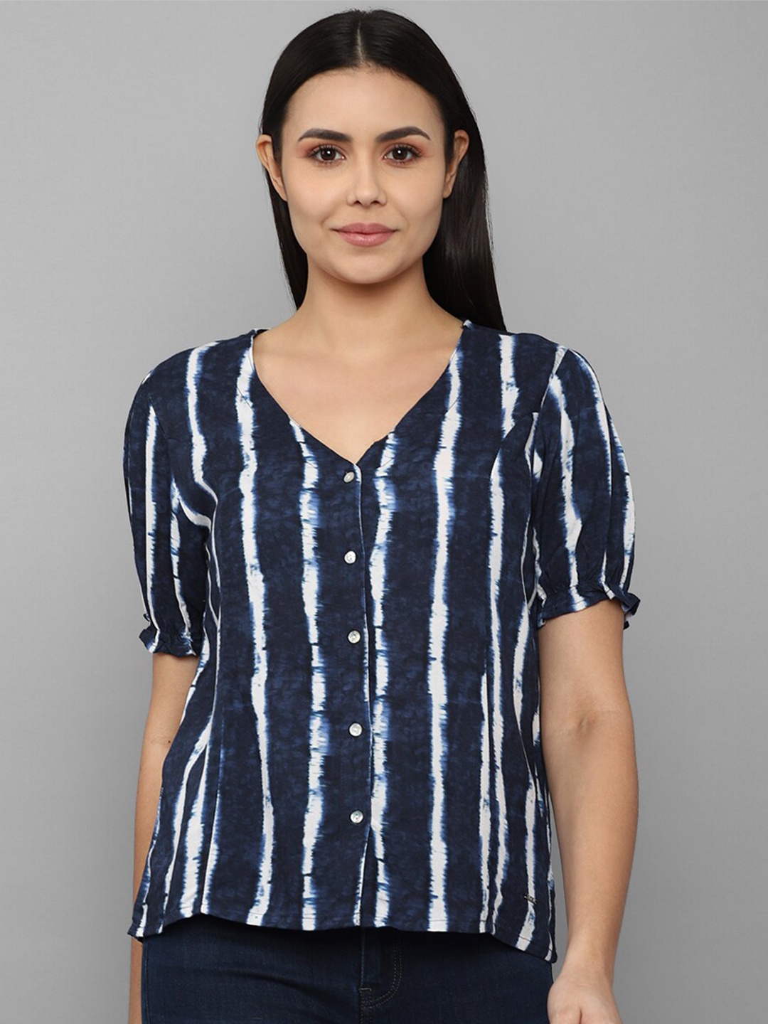 

Allen Solly Woman Navy Blue & White Striped Shirt Style Top
