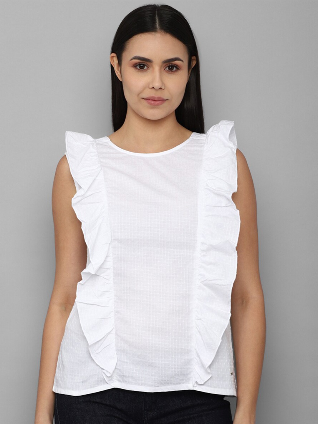 

Allen Solly Woman Women White Solid Cotton Ruffles Pure Cotton Top