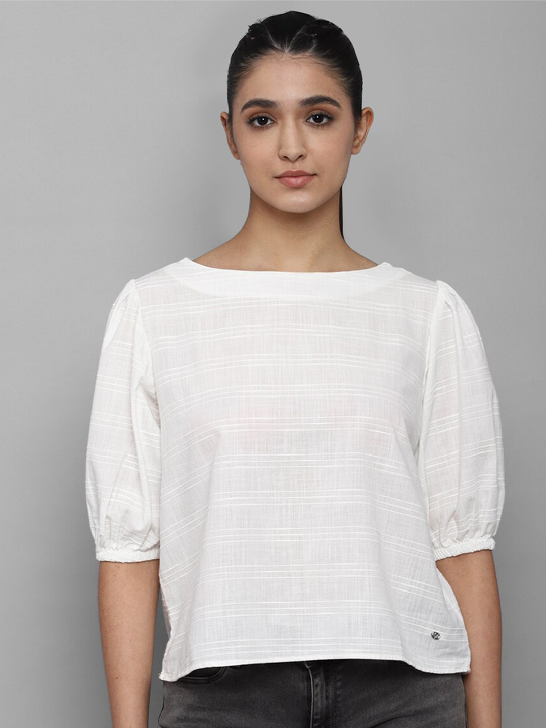 

Allen Solly Woman White Checked Boat Neck Pure Cotton Top