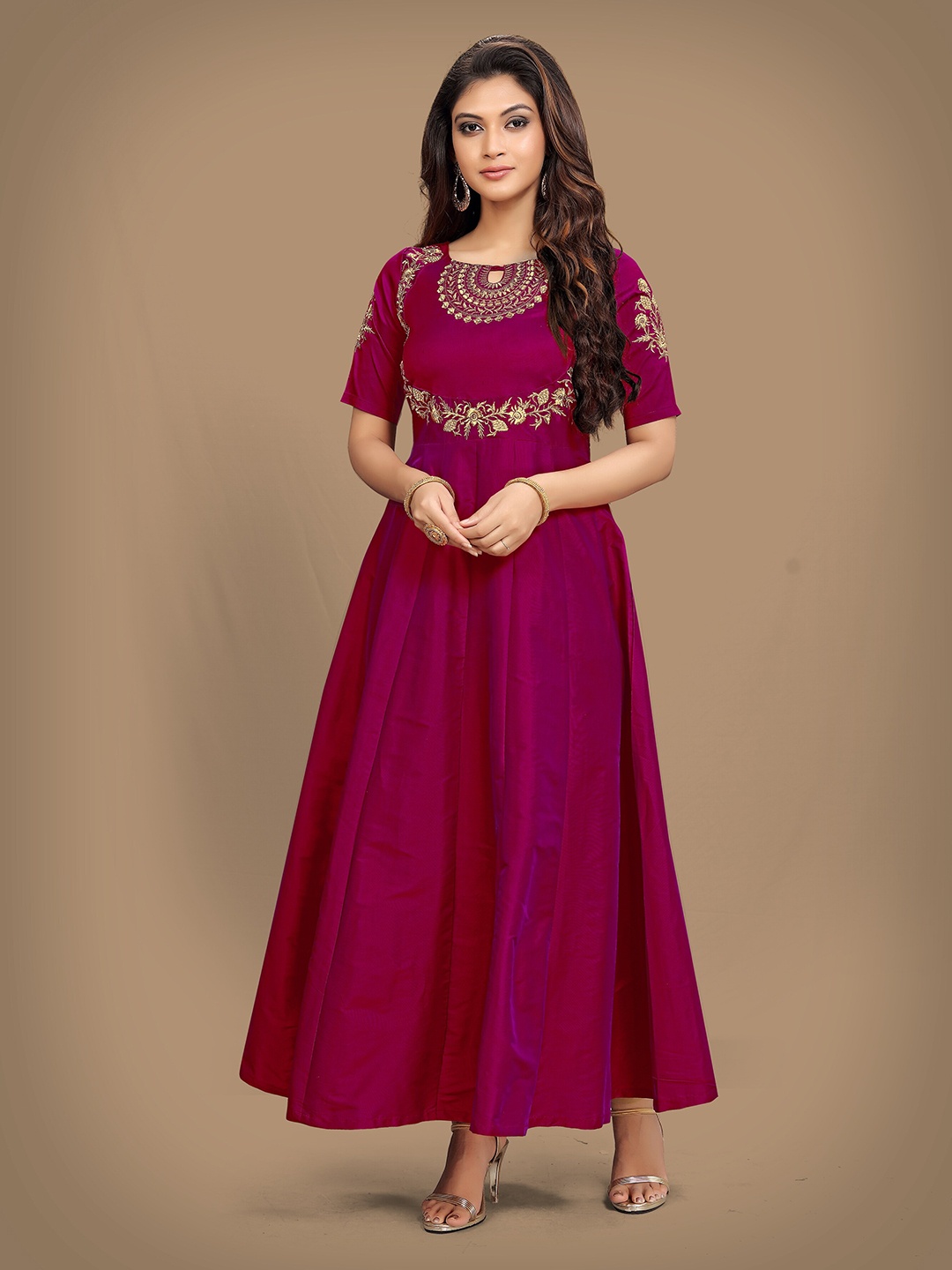 

Sarvayog Fashion Women's Purple & jester red Floral Embroidered Liva Tiered Anarkali Kurti