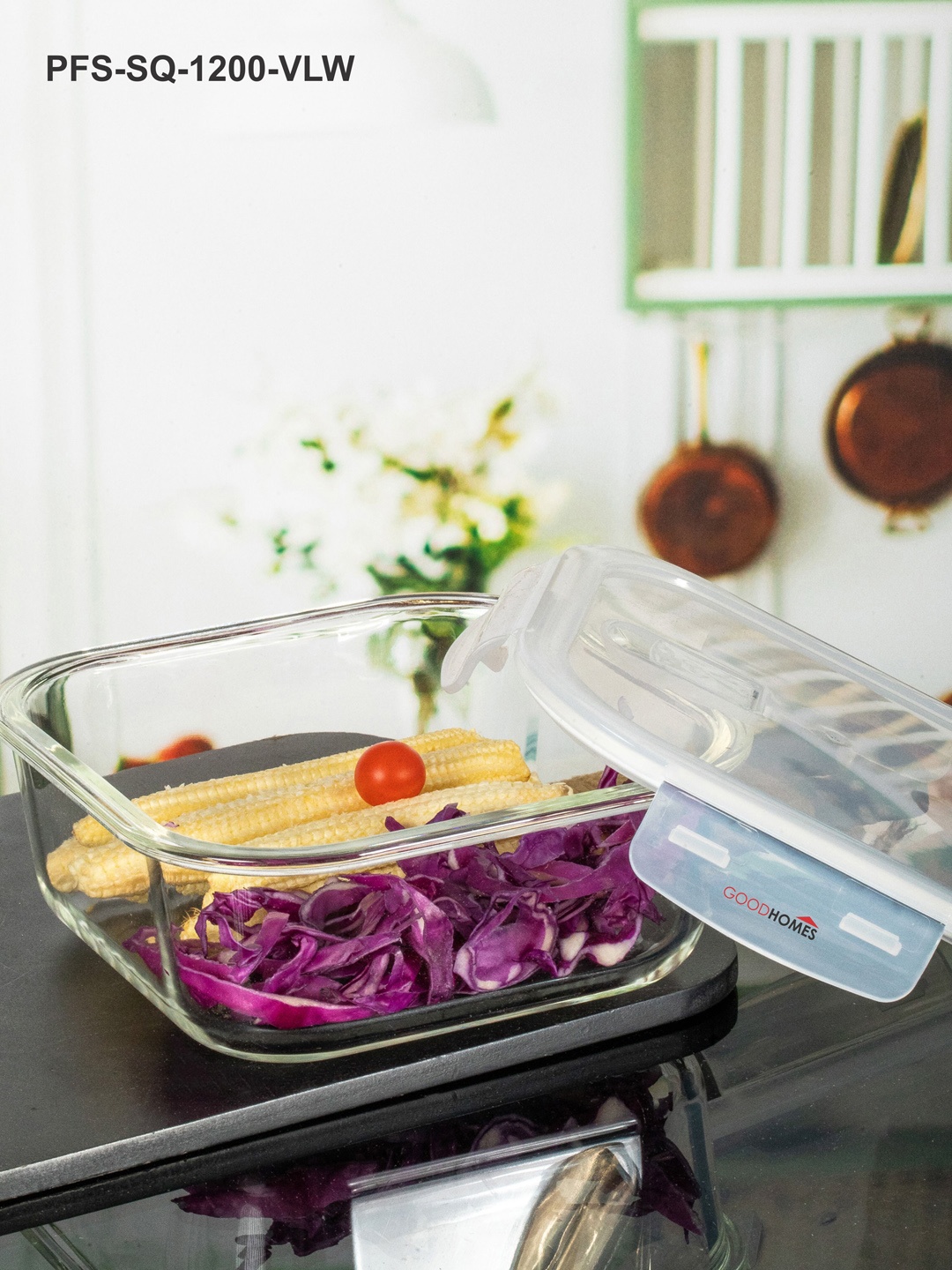 

GOODHOMES Transparent Set Of 2 Glass Square Container With Air Tight Lid 1.2 L Each