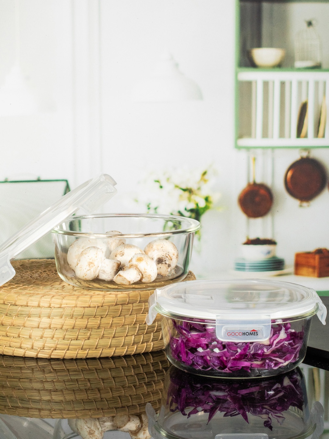 

GOODHOMES Transparent Set Of 2 Round Glass Container With Air Tight Lid 950 ml Each