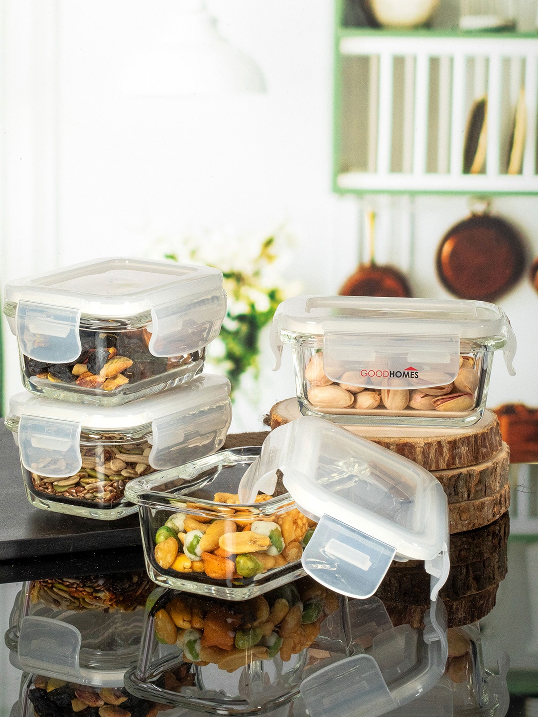 

GOODHOMES Transparent Set Of 4 Rectangle Glass Container With Air Tight Lid 150 ml Each