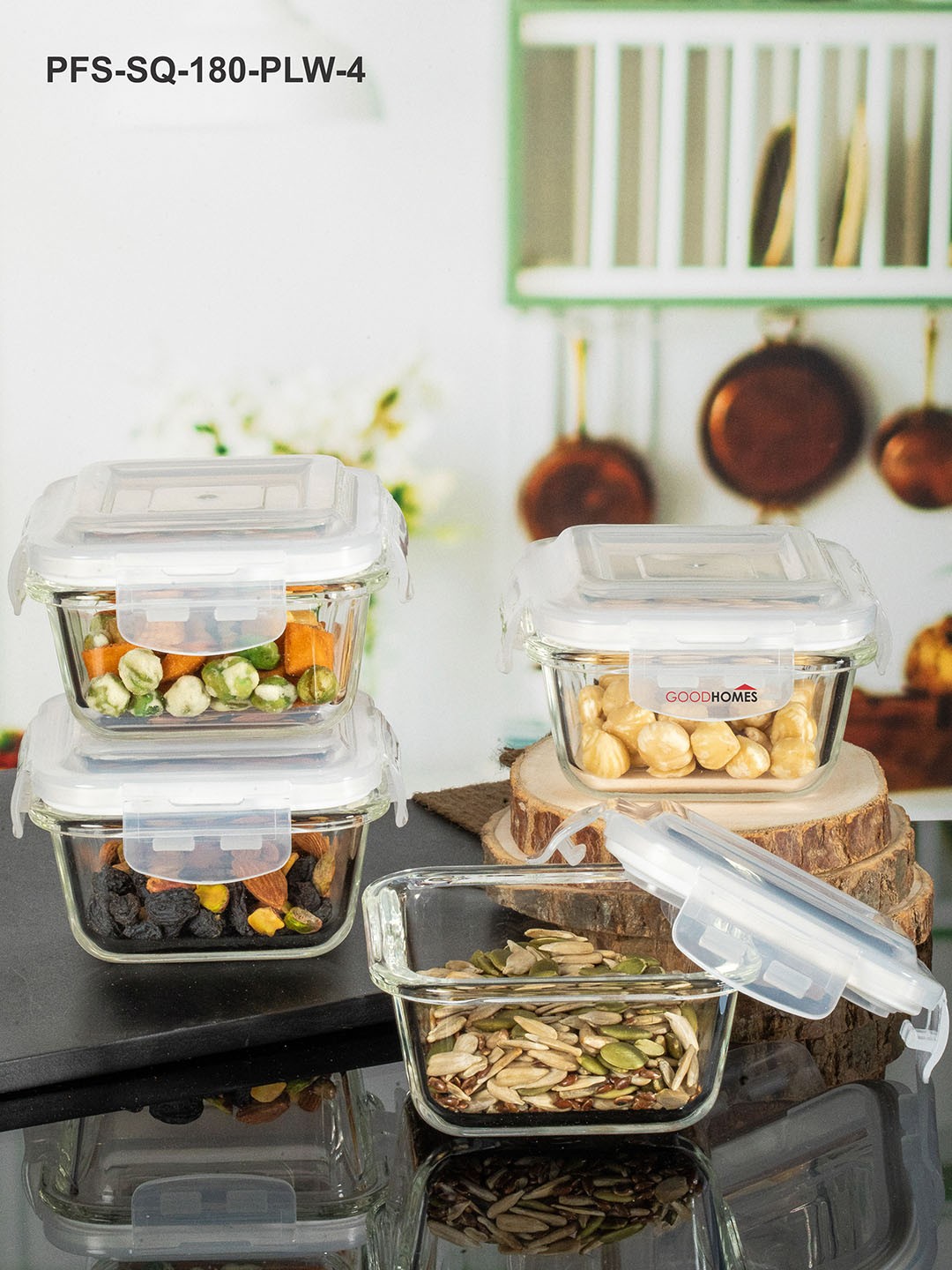 

GOODHOMES Transparent Set Of 4 Square Glass Container With Air Tight Lid 180 ml Each