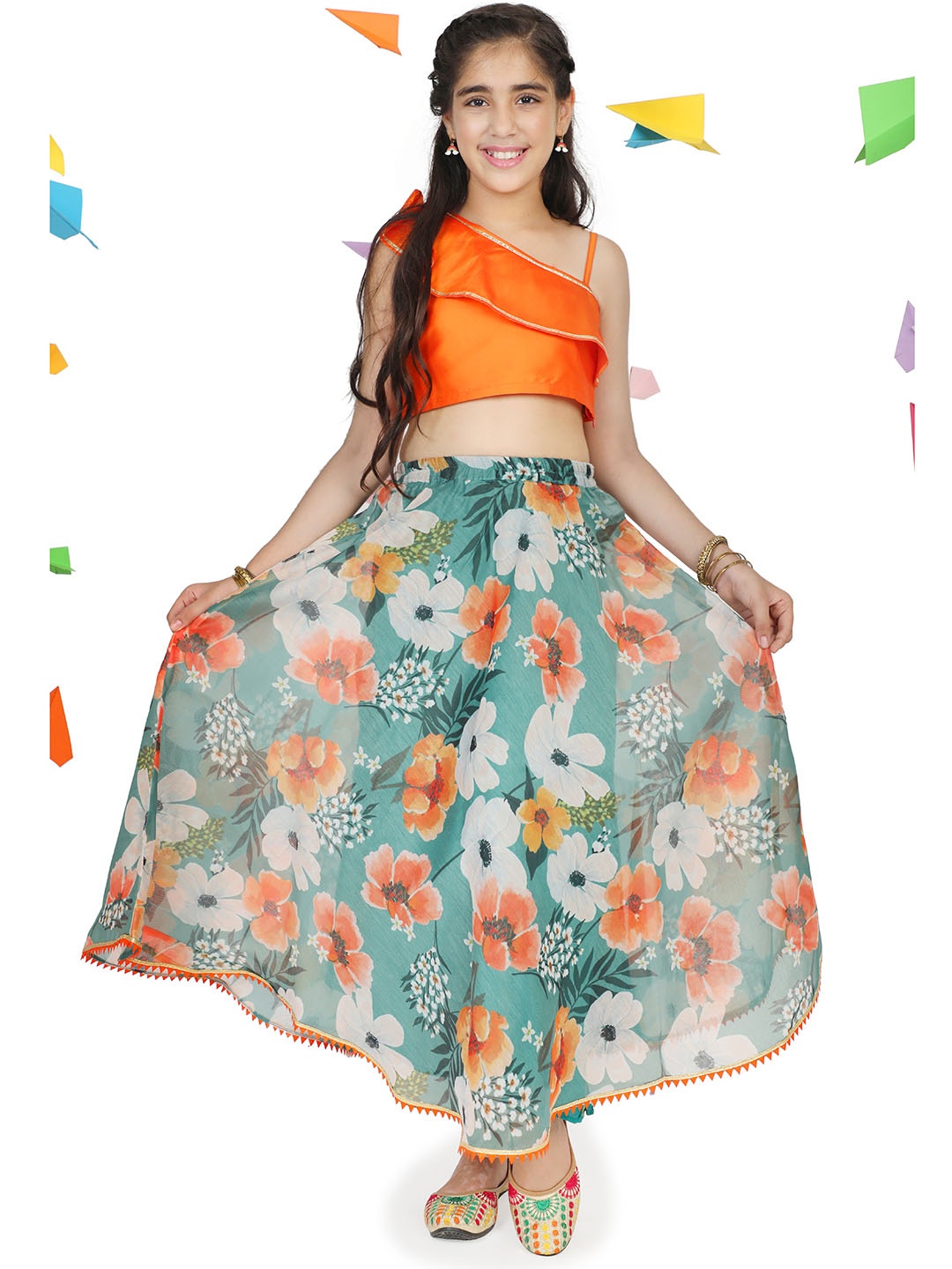 

ADIVA Girls Orange & Green Ready to Wear Lehenga &