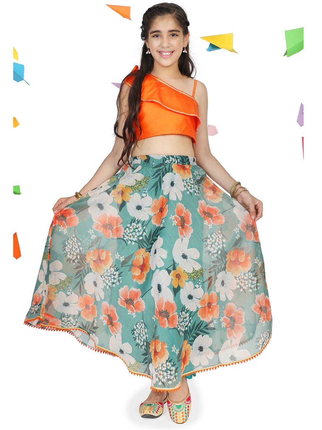 

ADIVA Girls Orange & Blue Ready to Wear Lehenga &