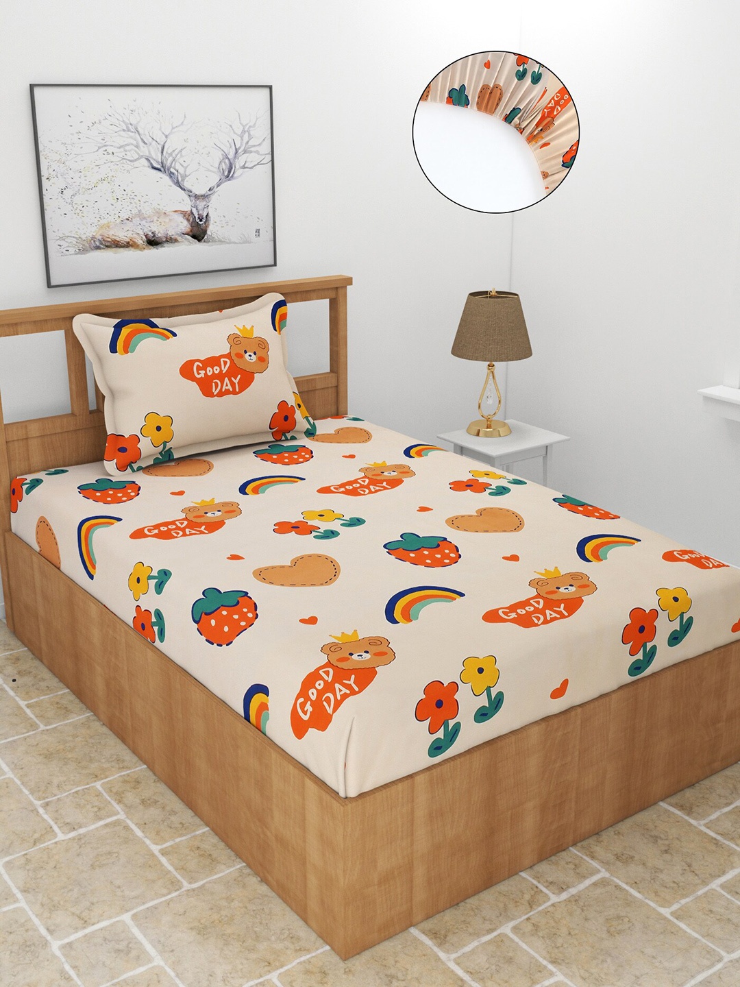 

MORADO Pink & Orange Printed Fitted 180 TC Single Bedsheet With 1 Pillow Cover