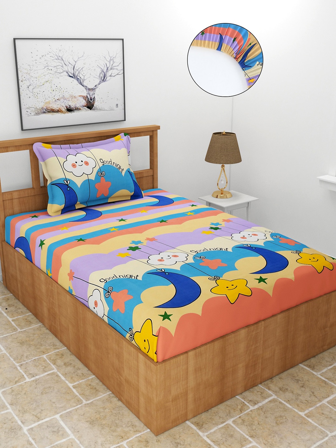 

MORADO Pink & Yellow Conversational 180 TC Single Fitted Bedsheet with 1 Pillow Covers