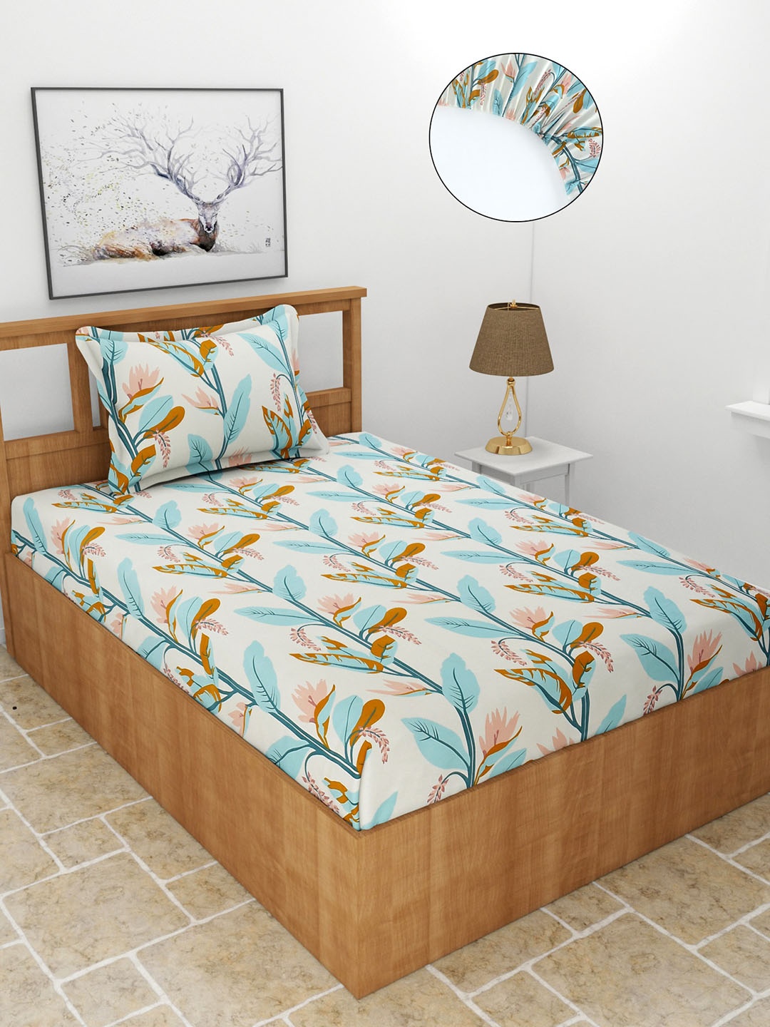 

MORADO Green & Brown Floral 210 TC Single Fitted Bedsheet with 1 Pillow Covers