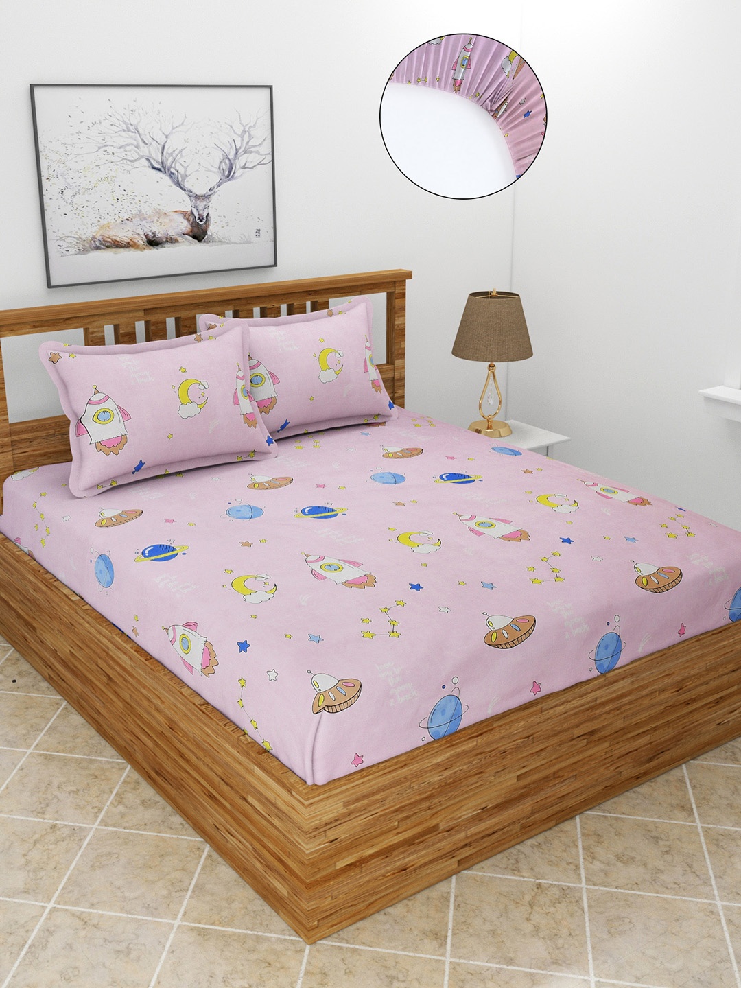 

MORADO Pink & Blue Conversational 210 TC Queen Fitted Bedsheet with 2 Pillow Covers