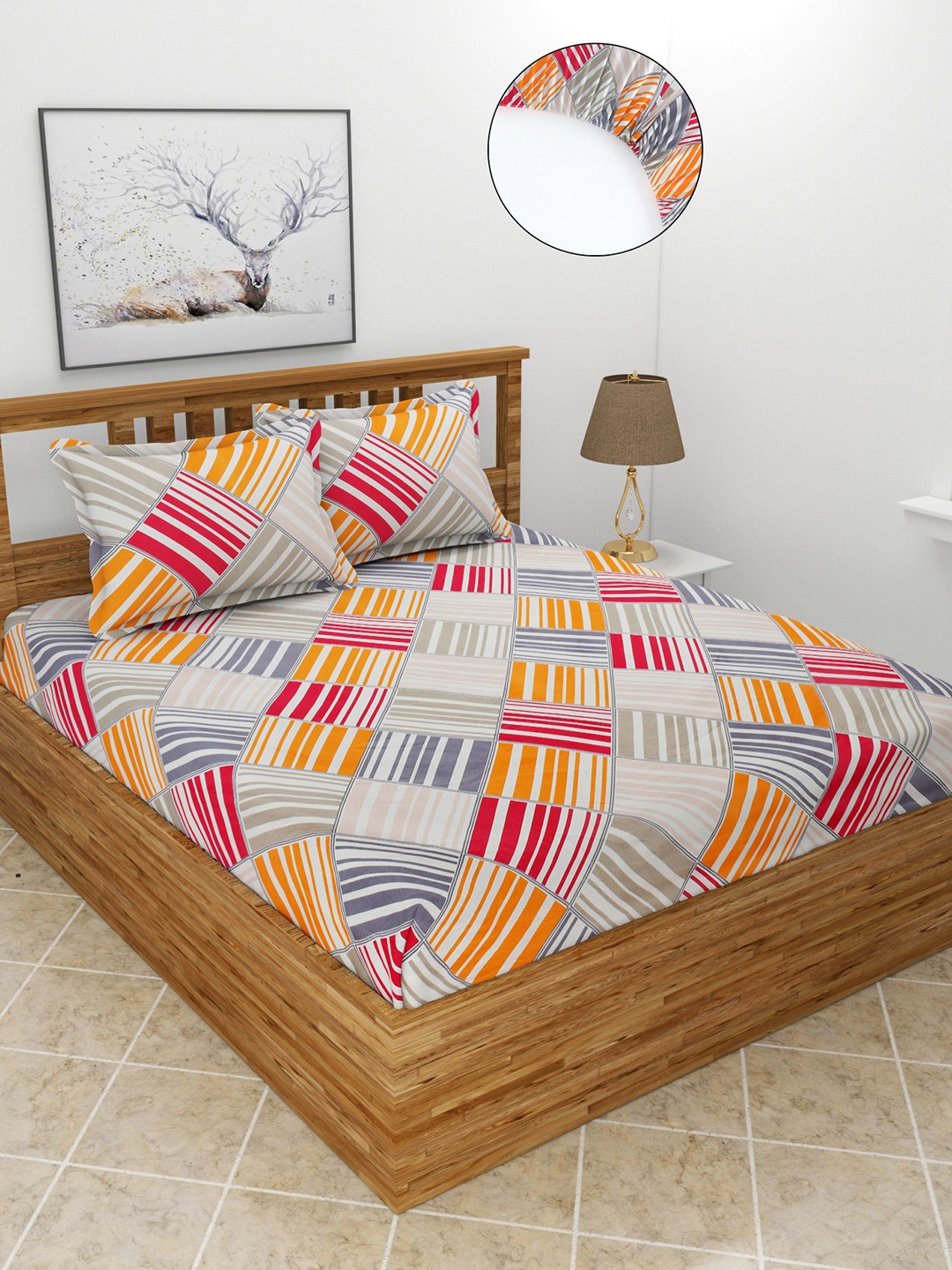 

MORADO White & Orange Geometric 180 TC Queen Fitted Bedsheet with 2 Pillow Covers