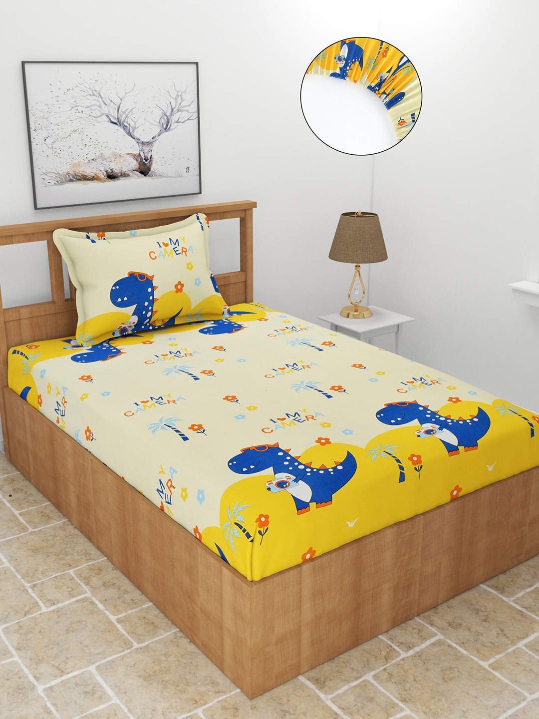 

MORADO Yellow & Blue Cartoon printed180 TC Single Fitted Bedsheet with 1 Pillow Covers