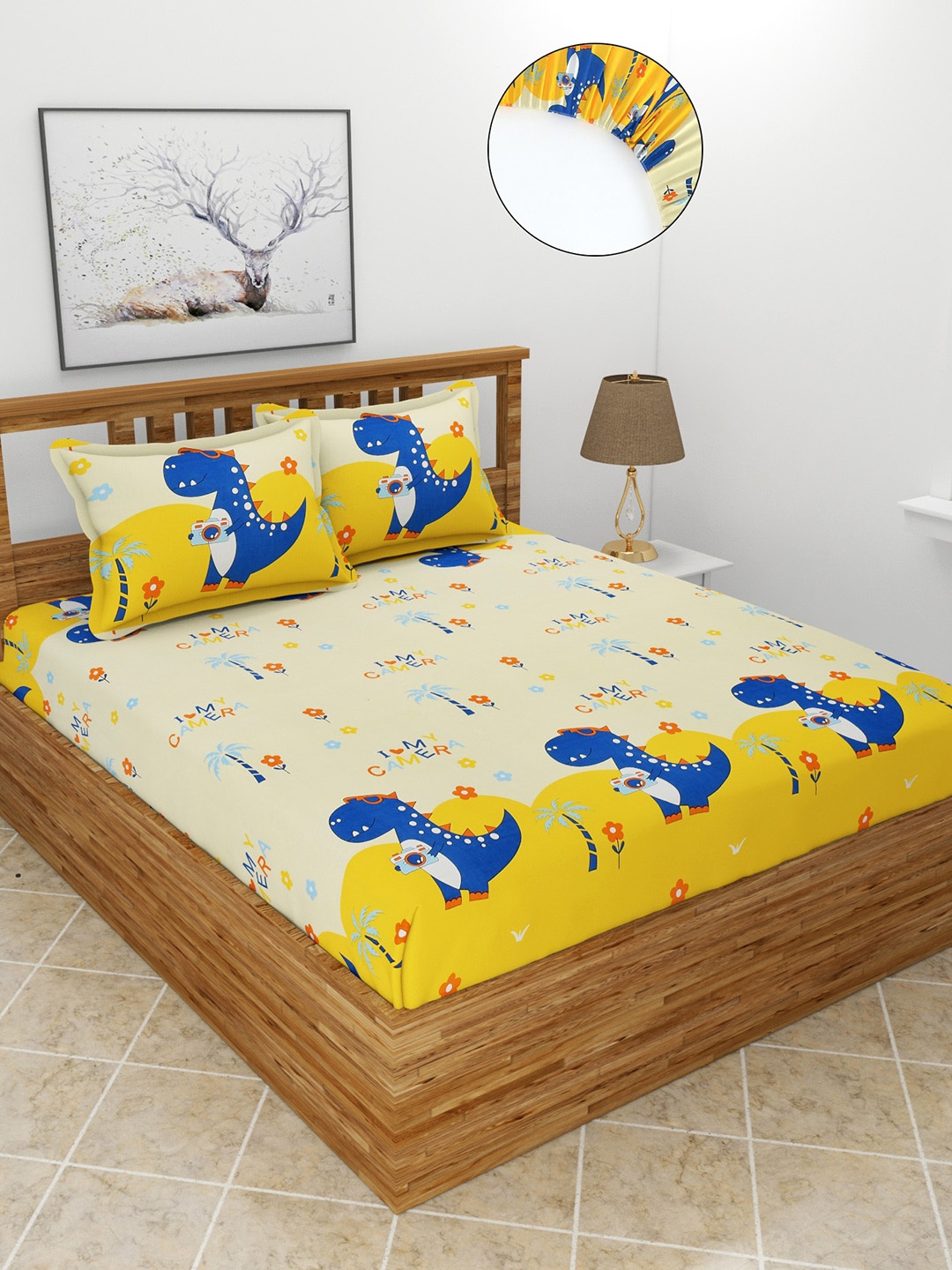 

MORADO Yellow & Blue Graphic 180 TC Queen Fitted Bedsheet with 2 Pillow Covers