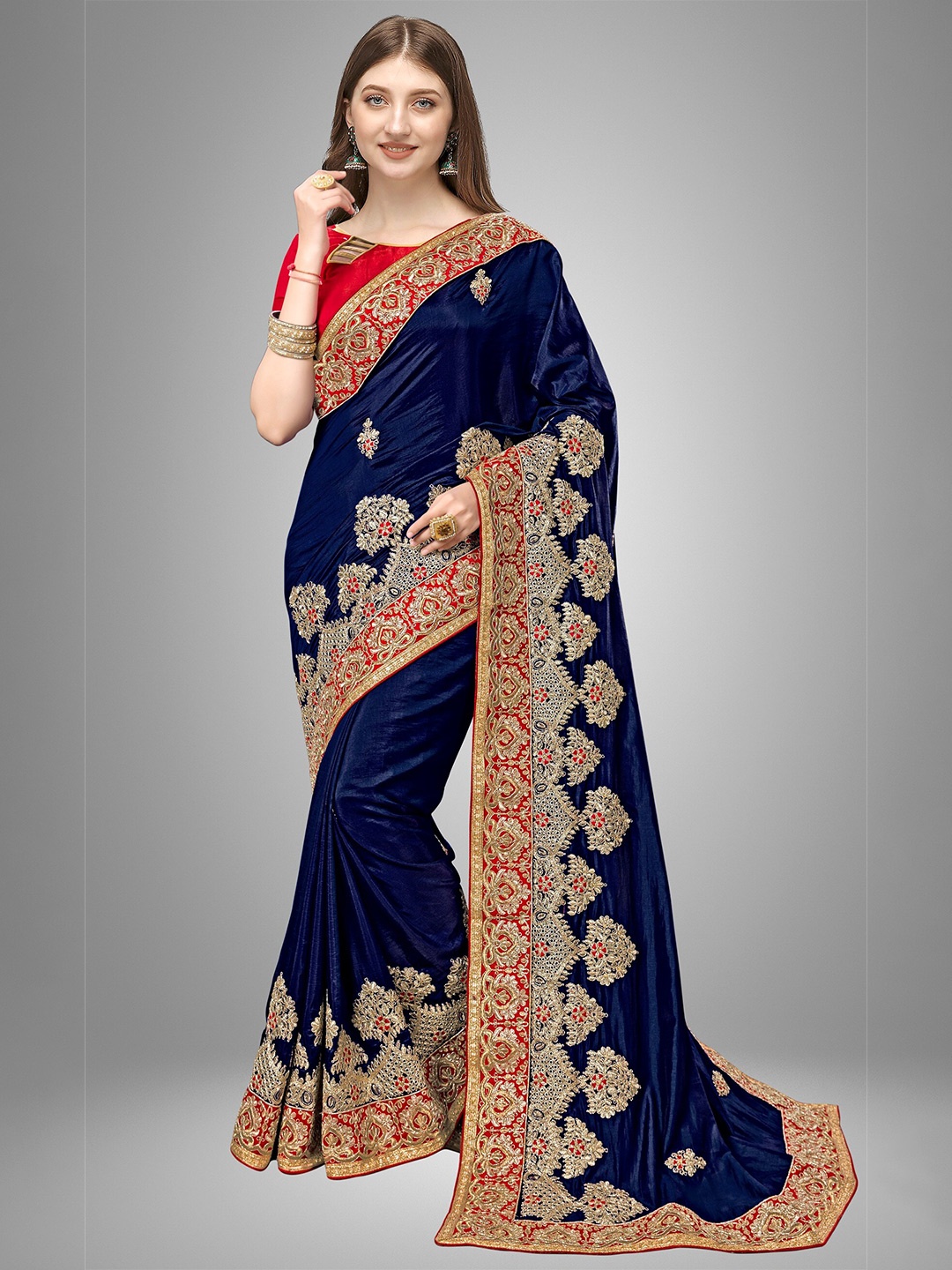 

Trendmalls Blue & Red Ethnic Motifs Embroidered Pure Silk Saree