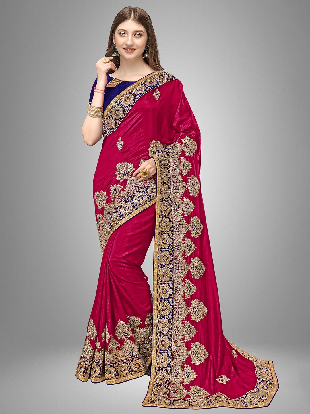 

Trendmalls Pink & Blue Ethnic Motifs Embroidered Pure Silk Saree