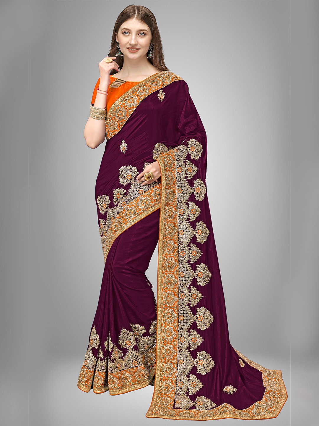 

Trendmalls Maroon & Orange Ethnic Motifs Embroidered Pure Silk Saree