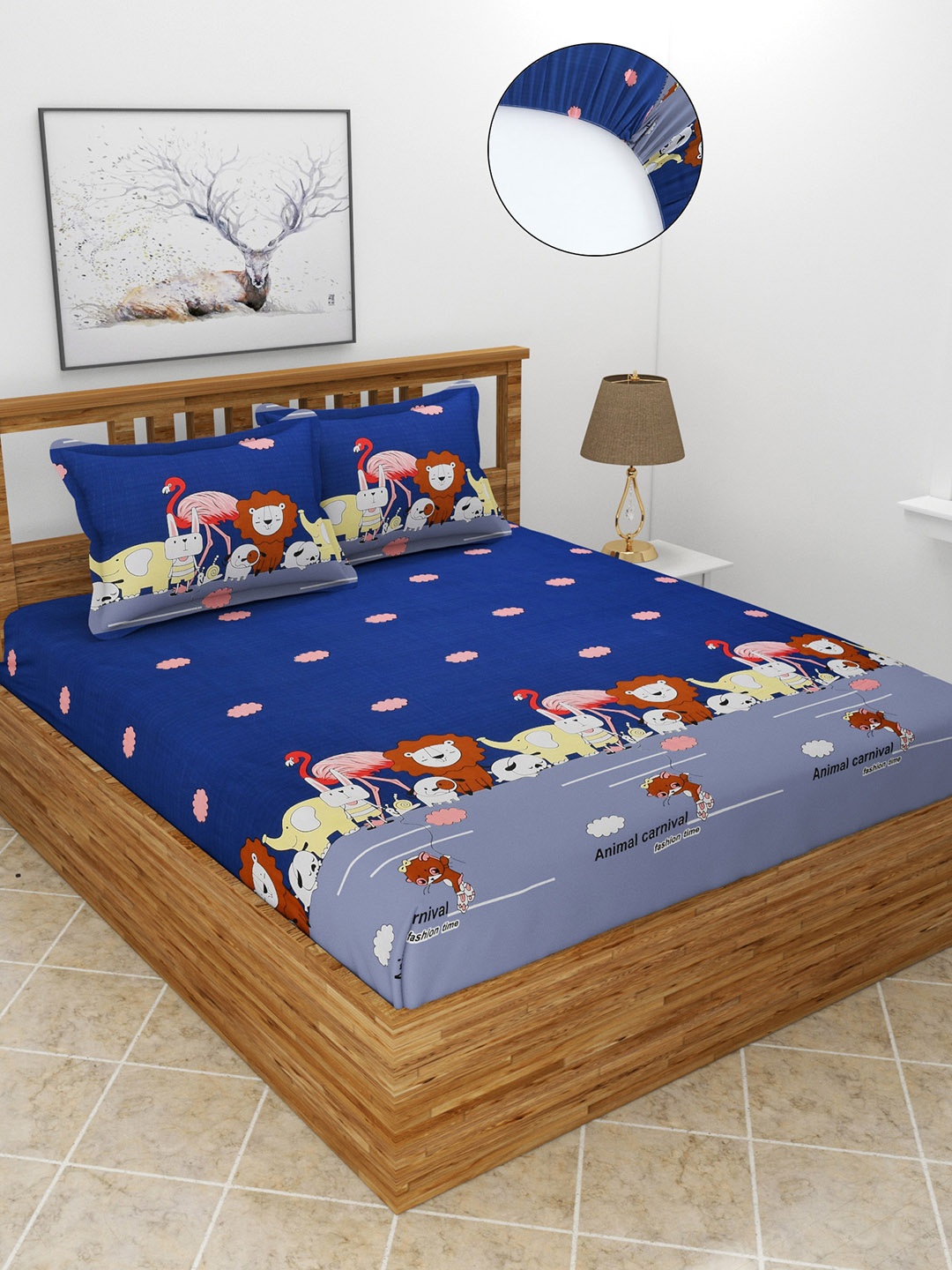 

MORADO Blue & Brown Graphic 180 TC Queen Fitted Bedsheet with 2 Pillow Covers