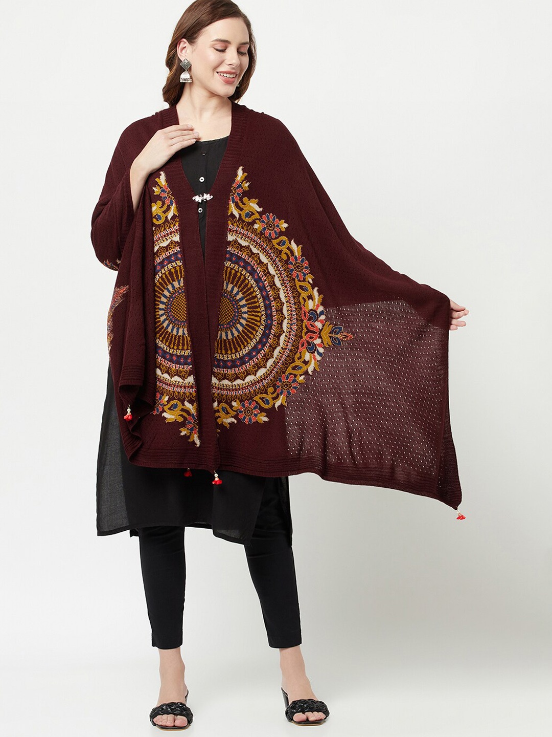 

Knitstudio Women Maroon Ethnic Motifs Knitted Shawl