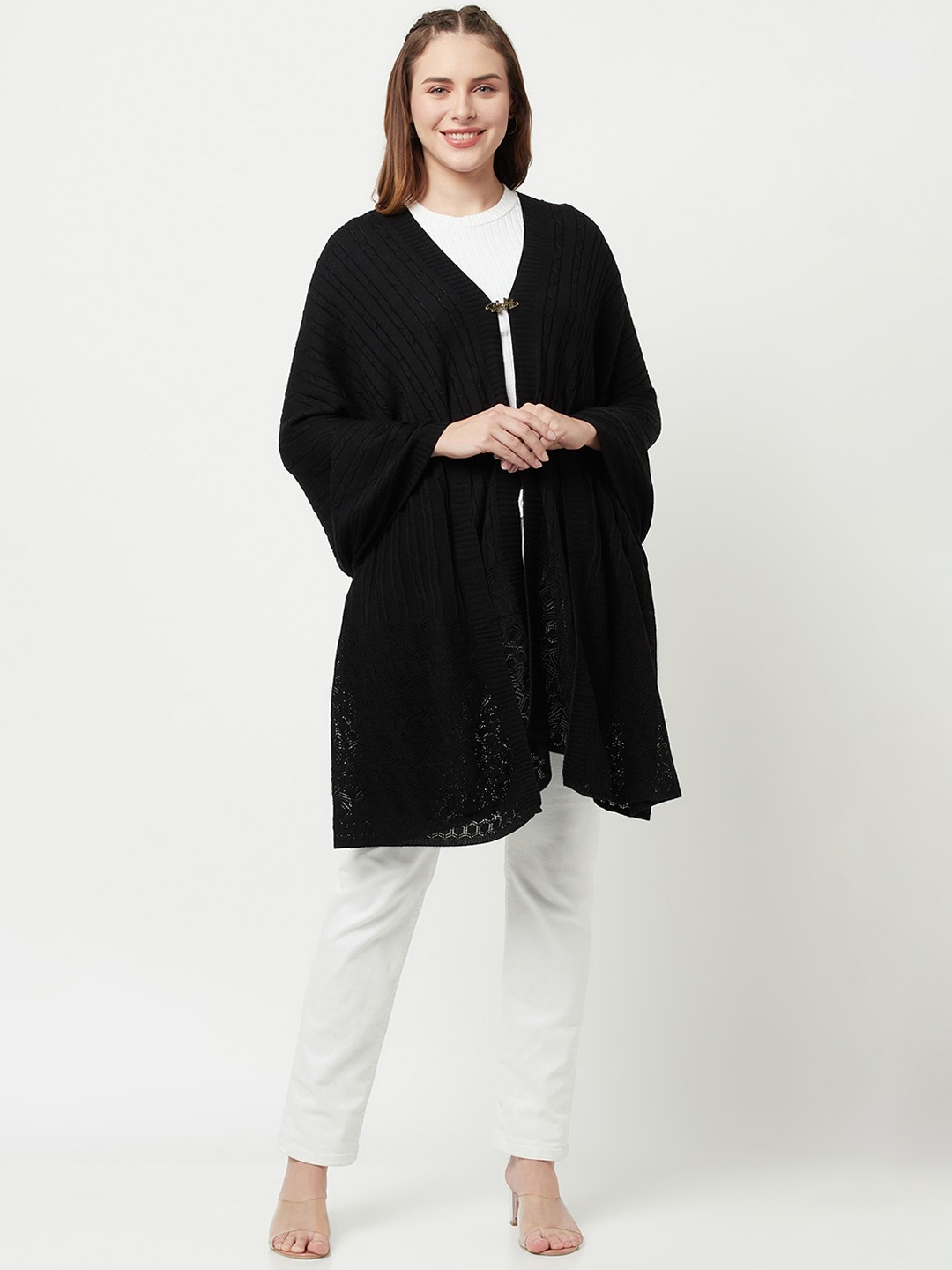 

Knitstudio Women Black Solid Knitted Shawl