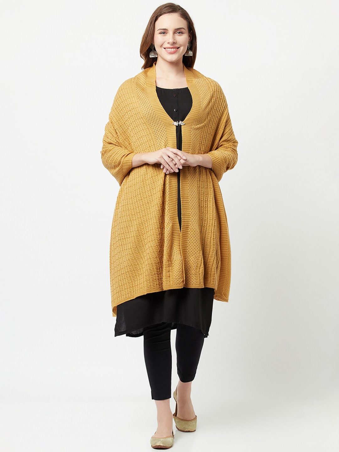 

Knitstudio Women Mustard Solid Knitted Shawl