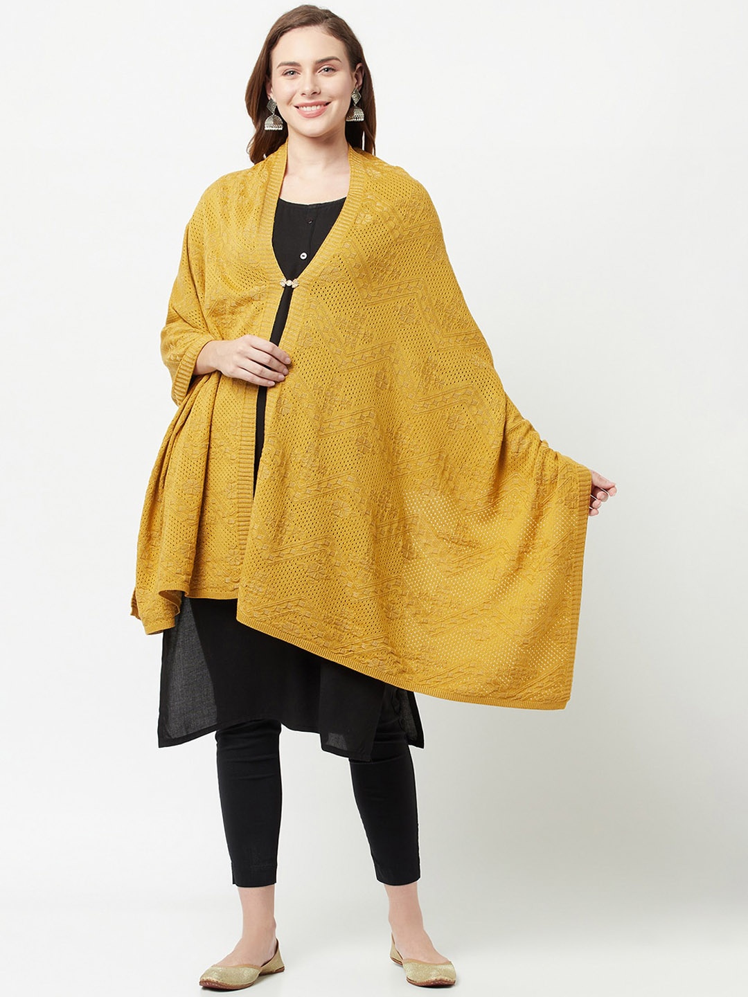 

Knitstudio Women Mustard Solid Knitted Shawl