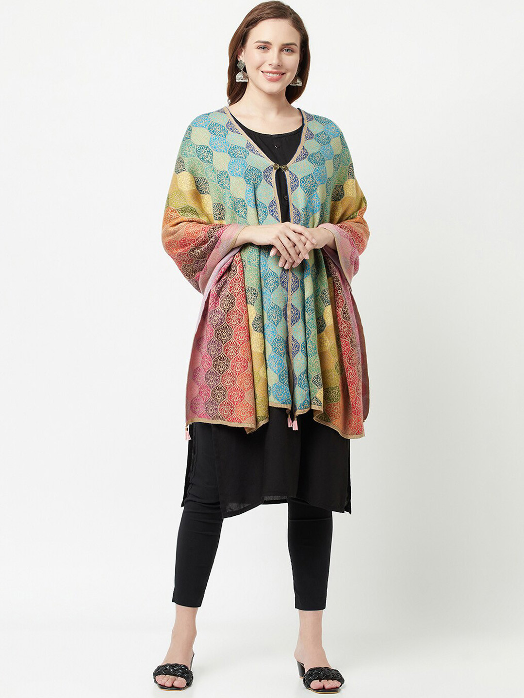 

Knitstudio Women Camel Brown & Blue Printed Knitted Shawl
