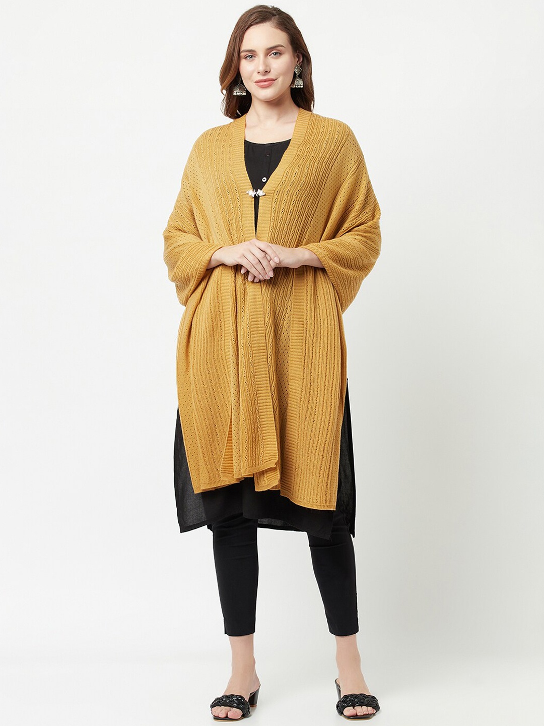 

Knitstudio Women Mustard Solid Knitted Shawl